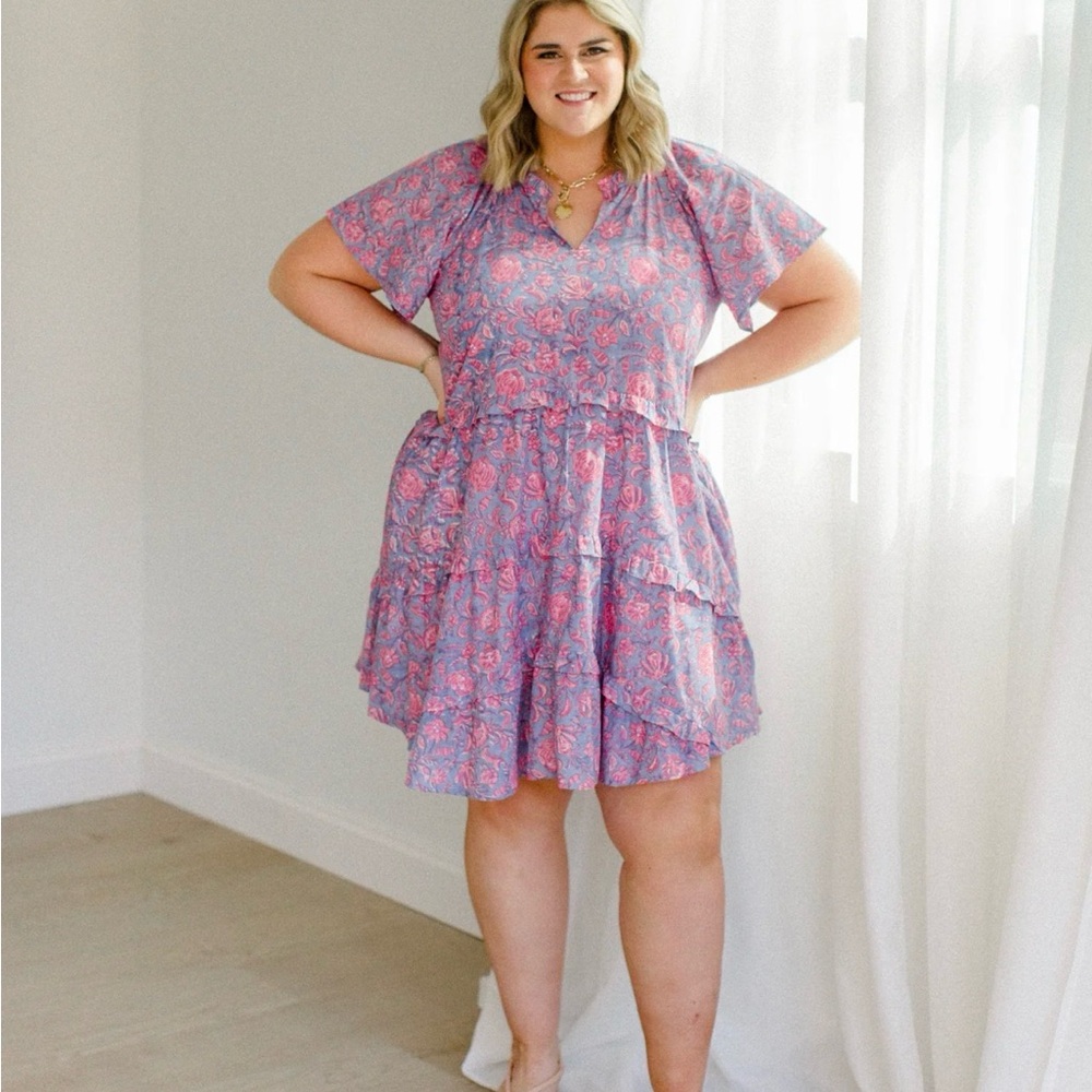Flutter Sleeve Tiered Mini Dress in Pink and Lavender